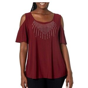Star Vixen Burgundy Stretch Knit Cold-Shoulder Top W Silver Studs 3X